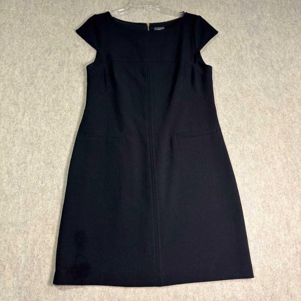 Vince Camuto Sheath Dress Womens 8 Black Poly Spandex Cap Sleeve Pocket Classic